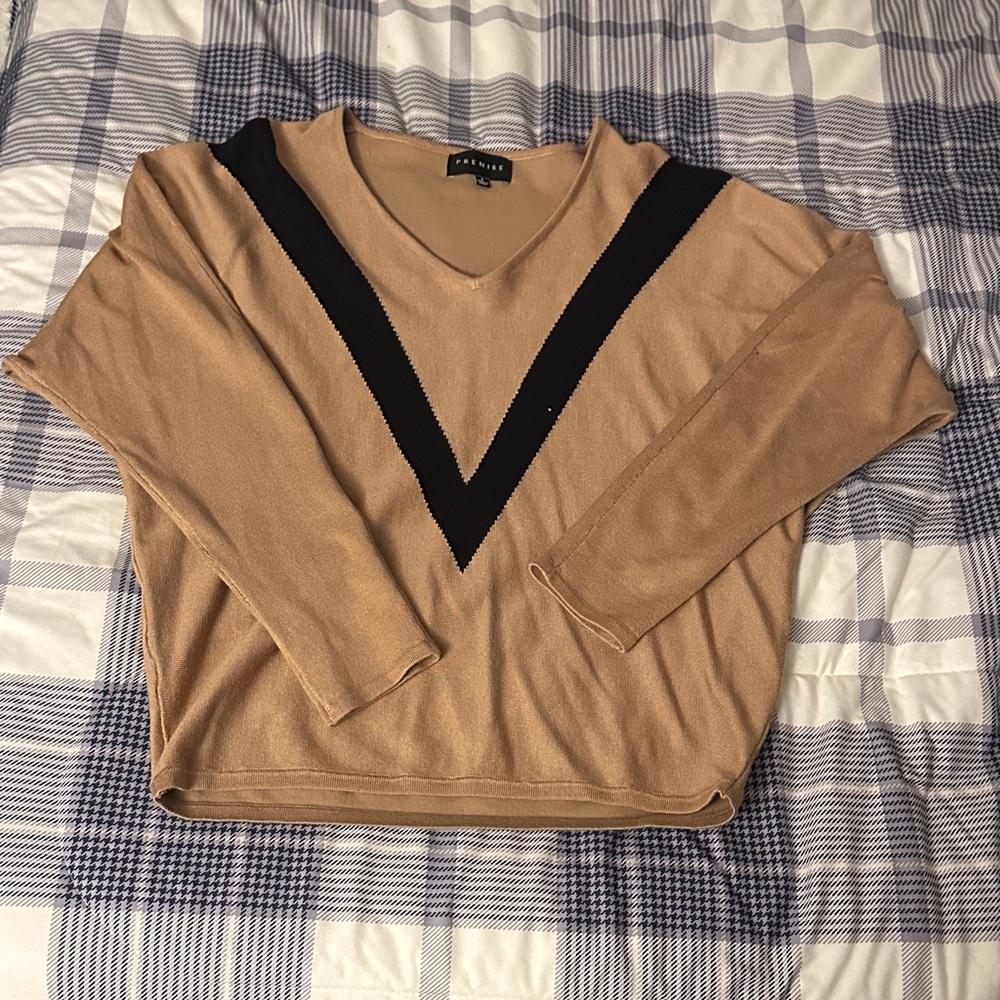 Premise Camel V-Neck Sweater with Black Accent